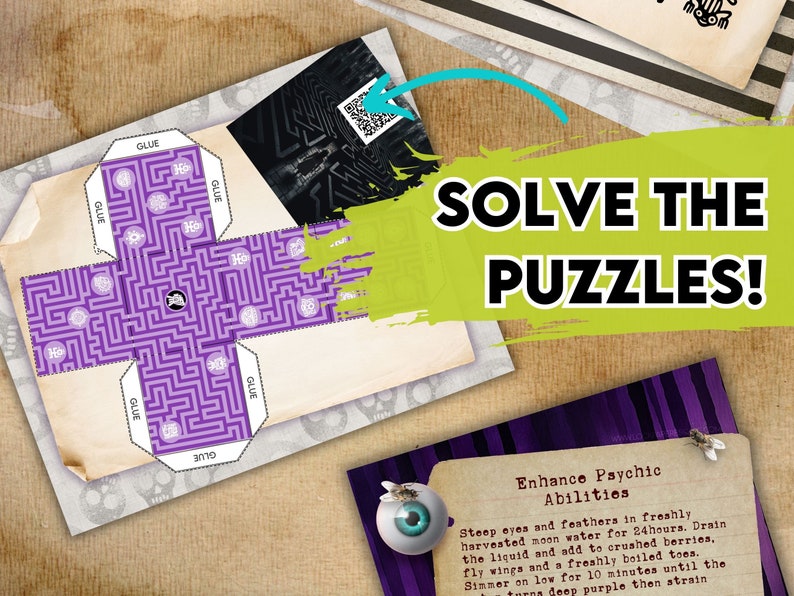 K&ouml;nnte beinhalten: Ein lila-wei&szlig;er Papierbastel-Labyrinth-W&uuml;rfel mit dem Wort "GLUE" auf jeder Seite. Der W&uuml;rfel befindet sich auf einem braunen Hintergrund mit einem gr&uuml;n-schwarz gestreiften Muster. Der Text "SOLVE THE PUZZLES!" ist in Schwarz auf gr&uuml;nem Hintergrund geschrieben. Eine Karte mit dem Text "Enhance Psychic Abilities" befindet sich unten rechts im Bild. Die Karte hat einen braunen Hintergrund mit einer schwarzen Augengrafik und dem Text "Steep eyes and feathers in freshly harvested moon water for 24hours. Drain the liquid and add to crushed berries, fly wings and a freshly boiled toes. Simmer on low for 10 minutes until the turns a deep purple then strain"