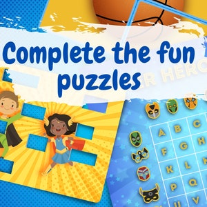 May include: A colorful puzzle game with a superhero theme. The game features a grid with letters and images of superhero masks. The text "Complete the fun puzzles" is written in a white banner.