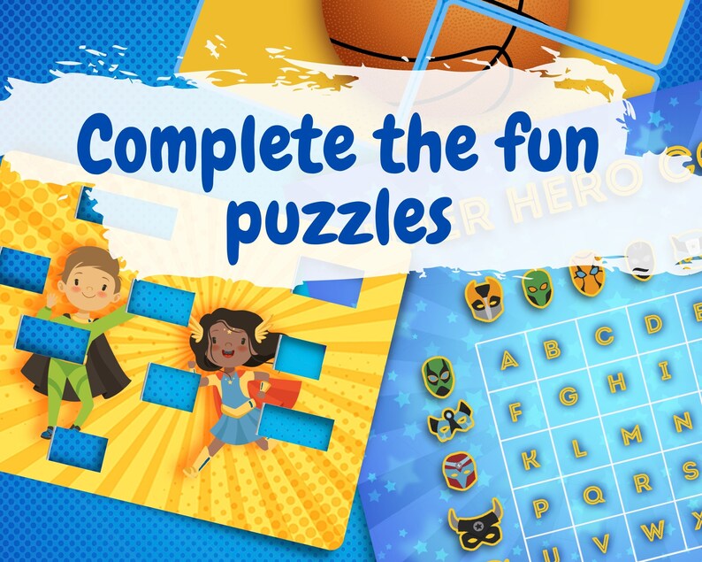 May include: A colorful puzzle game with a superhero theme. The game features a grid with letters and images of superhero masks. The text "Complete the fun puzzles" is written in a white banner.