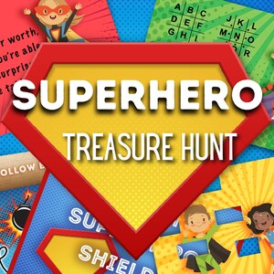 Superhero treasure hunt clues. Birthday scavenger hunt clues. Colourful puzzles and clues to solve, perfect for a boy or girls present hunt.