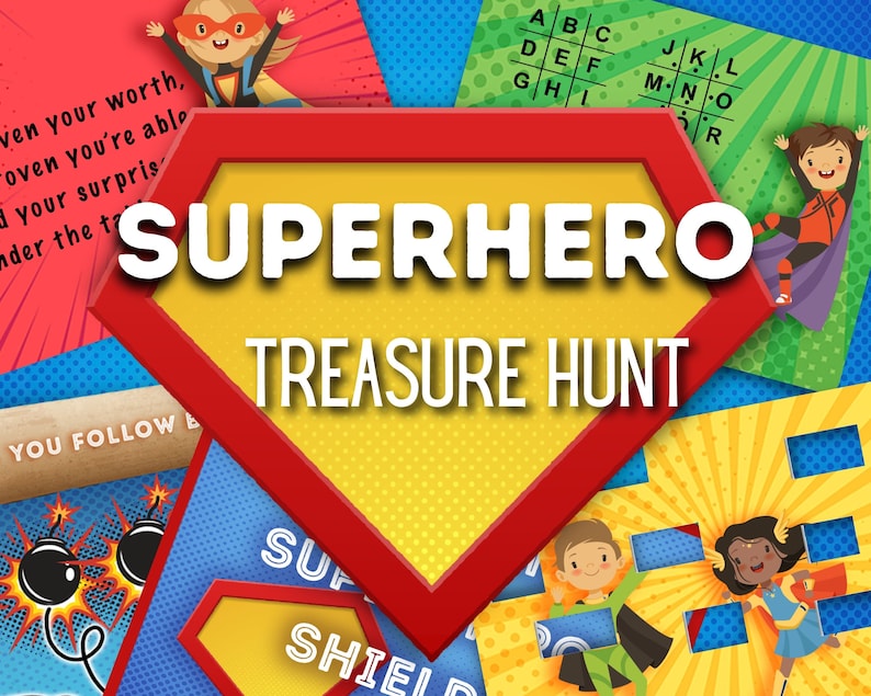 May include: A superhero themed treasure hunt game with a red and yellow shield logo. The game includes clues with images of superheroes and a word search puzzle.