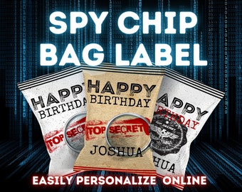 Spy Party Chip Bag Wrapper Label. Custom chip bag printable for your spy or detective party celebration. Easily Edit online.