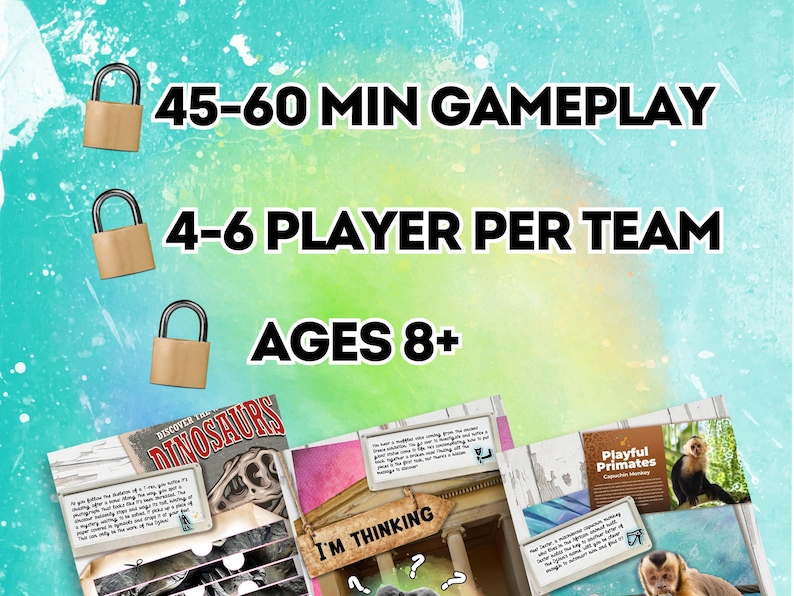 May include: A colorful image with text that reads "45-60 MIN GAMEPLAY", "4-6 PLAYER PER TEAM", "AGES 8+", "DISCOVER THE DINOSAURS", "I'M THINKING", and "Playful Primates".