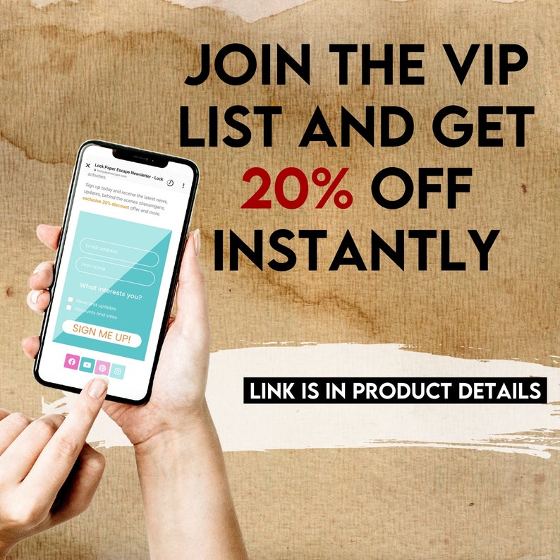 May include: A hand holding a smartphone with a sign-up form for a VIP list offering 20% off instantly. The text "JOIN THE VIP LIST AND GET 20% OFF INSTANTLY" is displayed above the phone. The text "LINK IS IN PRODUCT DETAILS" is displayed below the phone.