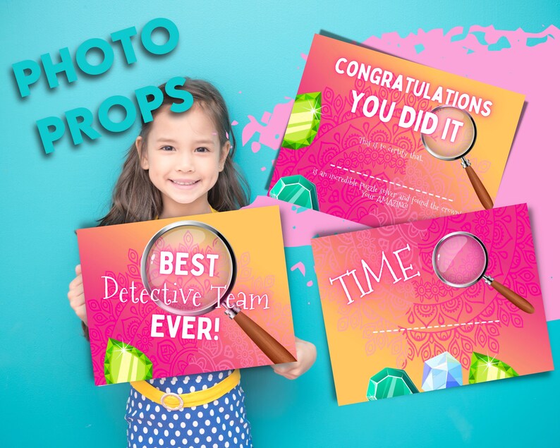 Kids escape room photo prop. A cute girl smiling, holding a certificate. It says "Best Detective Team Ever!".