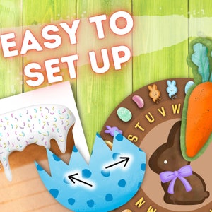 May include: A colorful Easter-themed game with a carrot, a chocolate bunny, and a blue egg with arrows pointing to the opening. The game board is brown with a white circle and letters around the edge. The text "EASY TO SET UP" is in red and white on a green wooden background.