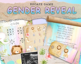 Baby Shower escape room gender reveal game. Will it be stashes or lashes?  Colourful family fun party printable game.