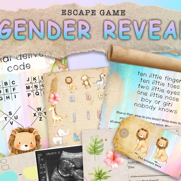 Baby Shower escape room gender reveal game. Will it be stashes or lashes?  Colourful family fun party printable game.