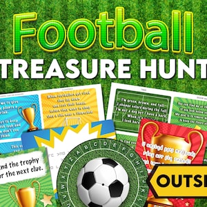 Puede incluir: Un juego de b&uacute;squeda del tesoro con tem&aacute;tica de f&uacute;tbol con pistas impresas en tarjetas coloridas. Las tarjetas presentan un bal&oacute;n de f&uacute;tbol, un trofeo y un &aacute;rbol. El juego est&aacute; dise&ntilde;ado para uso en exteriores e incluye el texto "AFUERA".