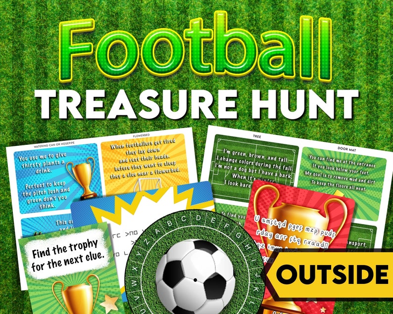 Puede incluir: Un juego de b&uacute;squeda del tesoro con tem&aacute;tica de f&uacute;tbol con pistas impresas en tarjetas coloridas. Las tarjetas presentan un bal&oacute;n de f&uacute;tbol, un trofeo y un &aacute;rbol. El juego est&aacute; dise&ntilde;ado para uso en exteriores e incluye el texto "AFUERA".