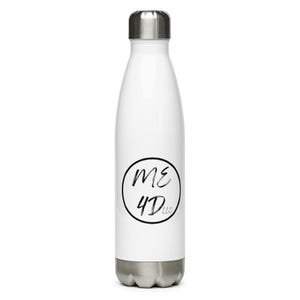 May include: A white stainless steel water bottle with a silver cap and base. The center of the bottle features a black circular outline containing the black text ME 4D llc in a stylized, handwritten script font, centered on the white surface.