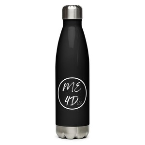 May include: A matte black stainless steel water bottle with a silver metallic cap and base. The center features a white circular graphic containing the stylized text ME 4Dlc in a handwritten font, centered on the front of the cylindrical vessel.