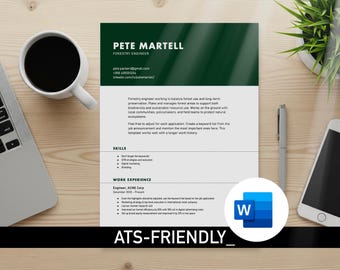 Forest green minimal one column resume template, ATS-friendly Microsoft Word basic CV, professional printable curriculum vitae + FREE guide!