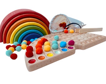 Planche de tri arc-en-ciel en bois, jouets en bois Montessori, jouets de tri de couleurs Montessori, tri arc-en-ciel, jouet préscolaire, jouet d’école à la maison