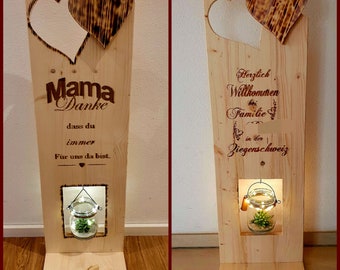 Holzstele mit Lichtglas,Holz Deko Schild , rustikales Holzschild, Eingangsdeko, Holzdeko, Holzbild, Geschenk, Willkommen, Gartendeko