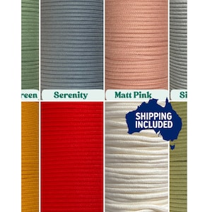 May include: A close-up of several spools of colourful cord in various shades, including green, grey, pink, and white. Each spool is labelled with its colour name, such as "Serenity" and "Matt Pink". The image also includes a blue graphic with the text "SHIPPING INCLUDED".