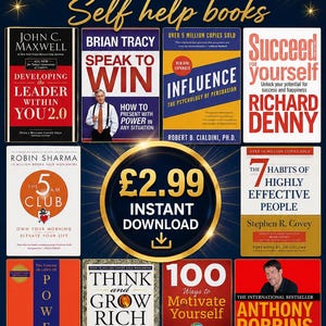 May include: A digital collection of over 50 self-help books featuring titles like Developing the Leader Within You 2.0, Speak to Win, Influence, Succeed for Yourself, The 5 AM Club, 7 Habits of Highly Effective People, Power, Think and Grow Rich, 100 Ways to Motivate Yourself, and Awaken the Giant Within, with a central £2.99 instant download icon.