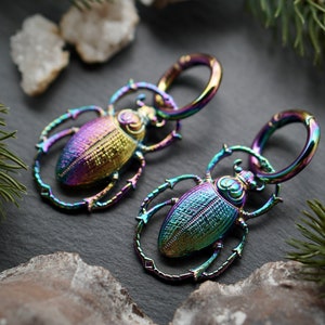Könnte beinhalten: Ein Paar regenbogenfarbene Käferohrringe mit einem runden Reifen-Design. Die Ohrringe sind aus Metall und haben ein detailliertes Käferdesign.