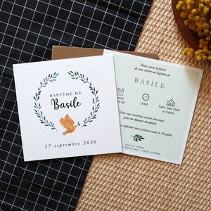 Lot de Faire-part Baptême - "Colombe" personnalisable - 14,5 cm x 14,5 cm - invitations