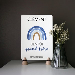 Affiche annonce grossesse personnalisée - bientôt grand frère / grande soeur - aquarelle - arc-en-ciel bleu - 20cm x 14cm