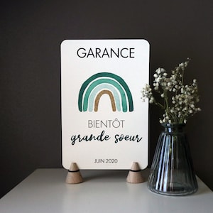 Affiche annonce grossesse personnalisée - bientôt grand frère / grande soeur - aquarelle - arc-en-ciel vert - 20cm x 14cm