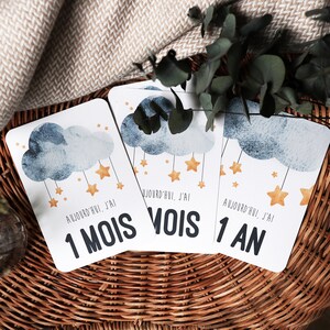 Set van 12 stappen kaarten voor baby (van 1 maand tot 1 jaar) aquarel - "Regen van sterren" - 14,2cmx10,1cm
