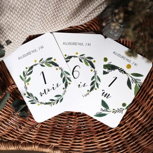 Lot de 12 cartes étapes pour bébé (de 1 mois à 1 an) aquarelle - "Couronne de fleurs" - vert - 14cm x 10cm
