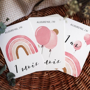 Lot van 12 baby stap kaarten (van 1 maand tot 1 jaar) aquarel - "Ballonnen en regenboog" - roze - 14cm x 10cm