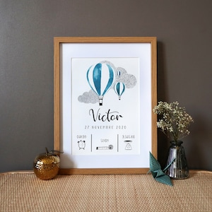 Cartel de nacimiento personalizado "Globos aerostáticos" - azul plata - acuarela - A4