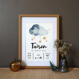 Póster de nacimiento personalizado "Lluvia de estrellas" acuarela - A4
