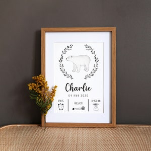Cartel de nacimiento personalizado "Oso Polar" acuarela - A4