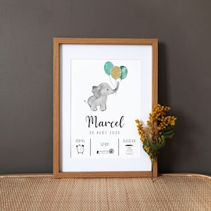 Pôster de nascimento personalizado aquarela "Balões de elefante" - azul/verde - amarelo/laranja - A4