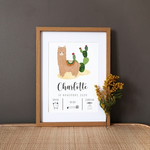 Cartel de nacimiento personalizado Alpaga / Lama / Cactus - acuarela - A4