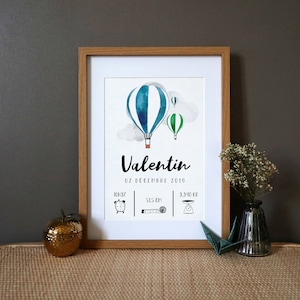 Póster de nacimiento personalizado "Globos aerostáticos" acuarela - A4