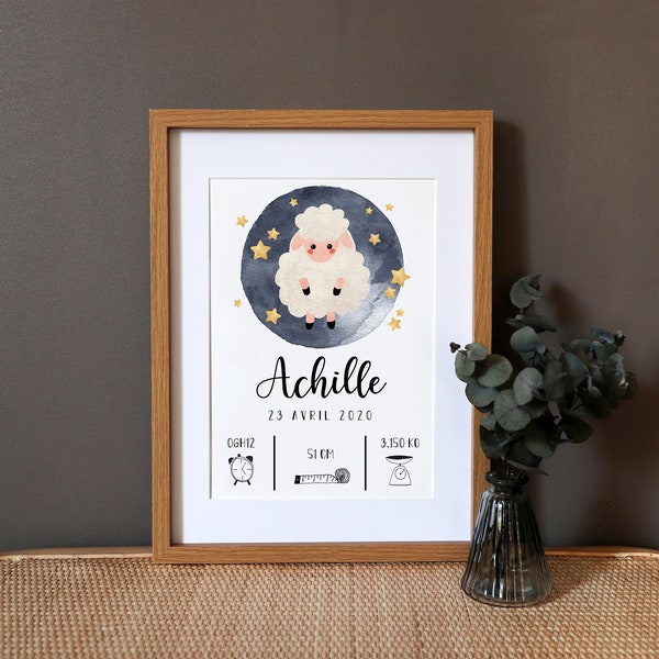 Affiche de naissance personnalisée "Petit mouton" aquarelle - A4