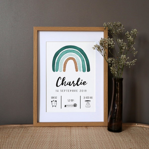 Affiche de naissance personnalisée "Arc-en-ciel" aquarelle - vert - A4