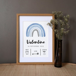 Cartel de nacimiento personalizado "Rainbow" acuarela - azul cielo - A4