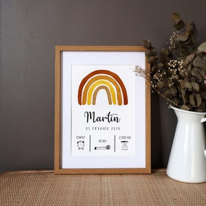 Cartel de nacimiento personalizado "Rainbow" acuarela - mostaza - A4