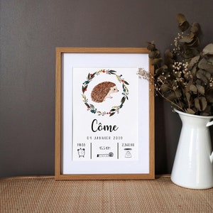 Personalized birth poster "Hedgehog" watercolor - A4