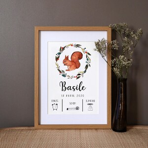 Póster de nacimiento personalizado "Ardilla" acuarela - A4