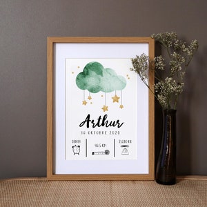 Póster de nacimiento personalizado "Lluvia de estrellas" acuarela - verde - A4