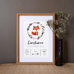 Poster di nascita personalizzato "Fox" acquerello - A4