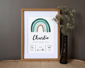 Póster de nacimiento personalizado "Arco iris" acuarela - verde - A4