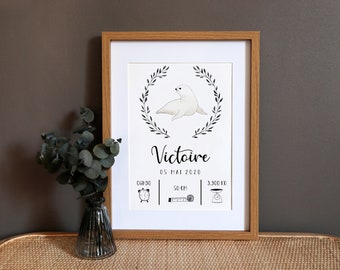 Personalised birth poster "Phoque" watercolor - A4