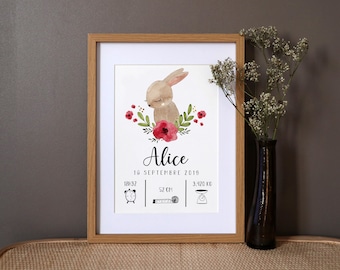 Personalized birth poster "Rabbit" watercolor - A4