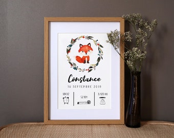 Cartel de nacimiento personalizado "Fox" acuarela - A4
