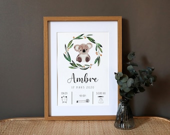 Personalized birth poster "Koala" watercolor - A4