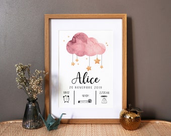 Cartel de nacimiento personalizado "Lluvia de estrellas" acuarela - rosa - A4