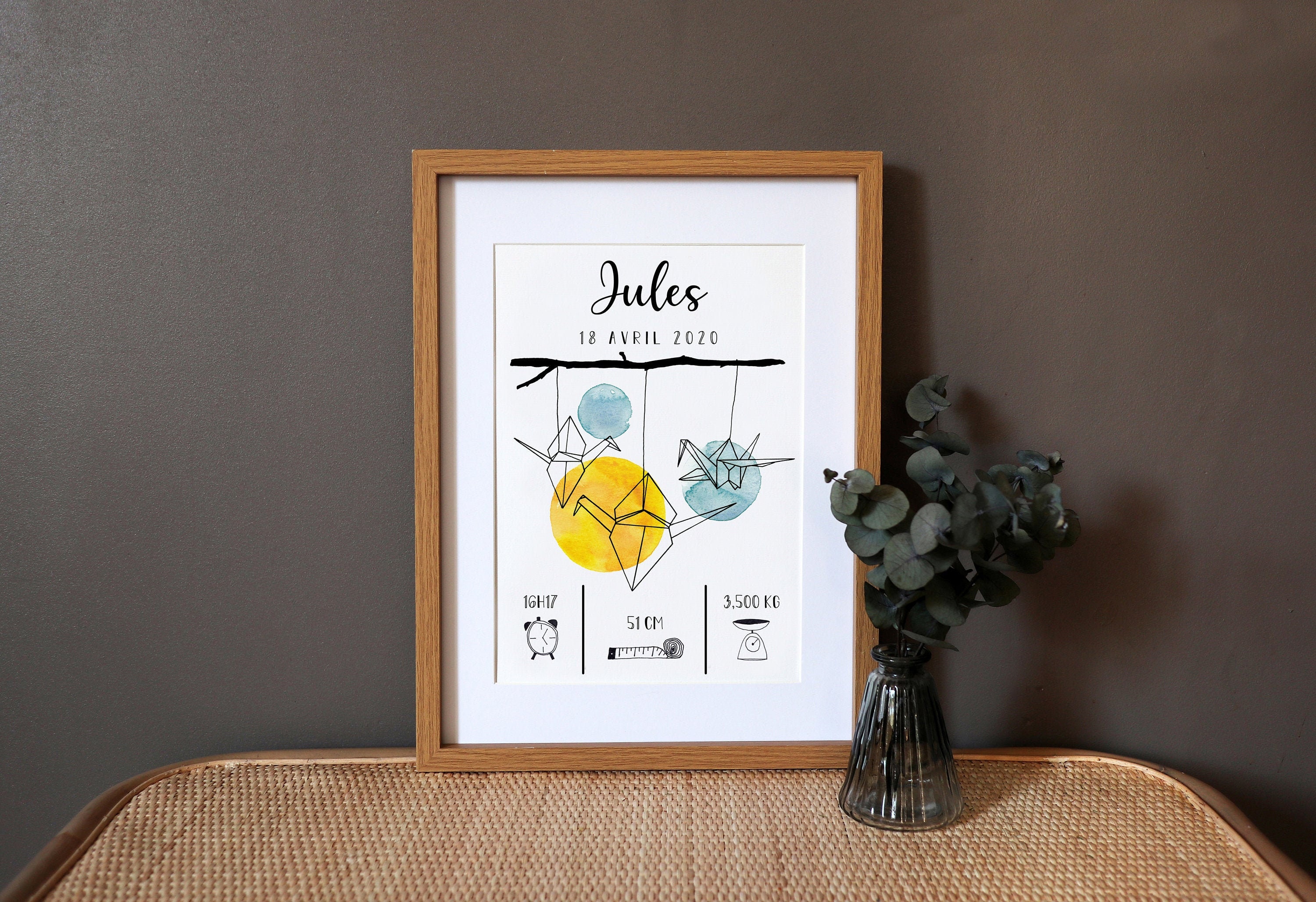 Affiche de Naissance Personnalisée Grue Origami Aquarelle - Bleu & Jaune A4