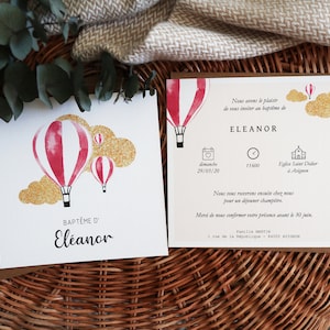 Lot de Faire-part Baptême - "Montgolfières" personnalisable - rose - 14,5 cm x 14,5 cm - invitations